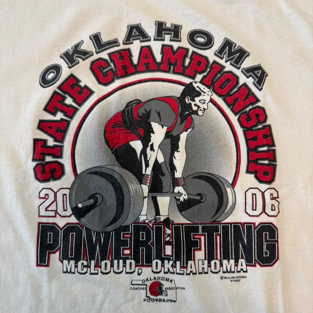 Vintage Y2K 2006 Oklahoma State Powerlifting T-Shirt McLoud Mens 2XL White